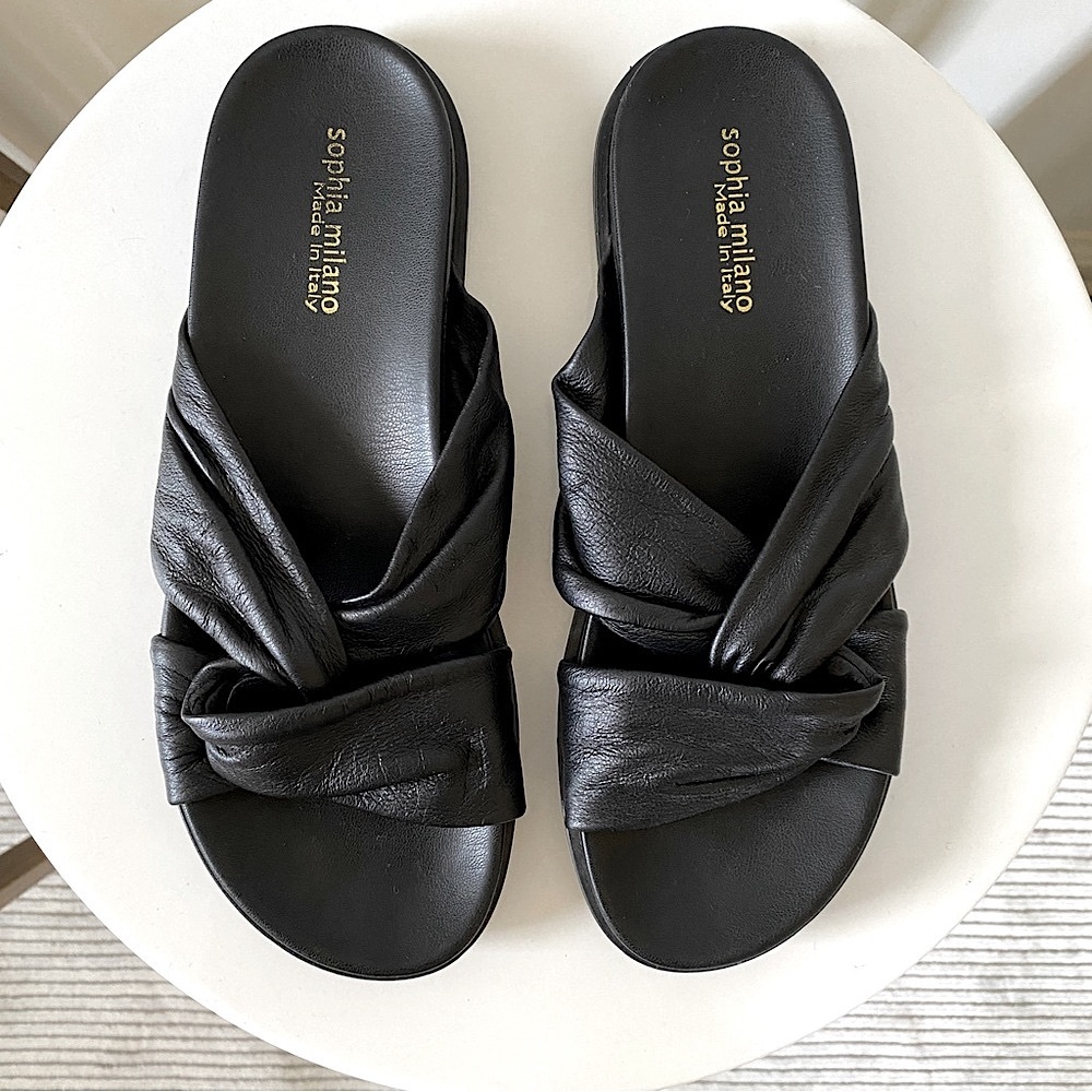 SOPHIA MILANO LEATHER TWIST KNOT SLIDES SLIP ON SANDALS Black US 9 EU 40